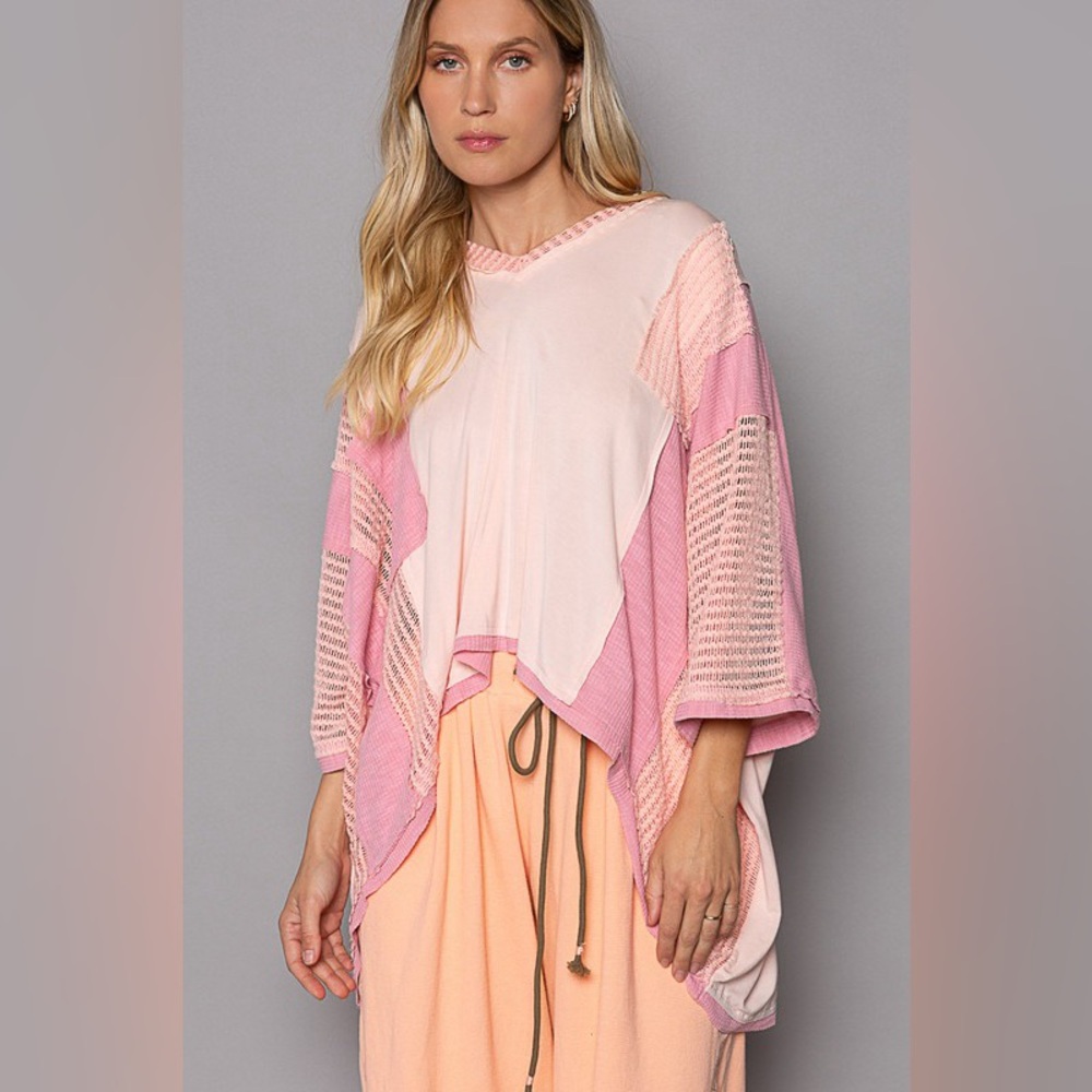 300B. Oversized High Low Contrast Fabric Top